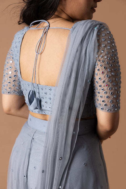Pre Draped Saree In Net With Delicate Mirror Work With Pearls Paired With A Mirror Worked Blouse