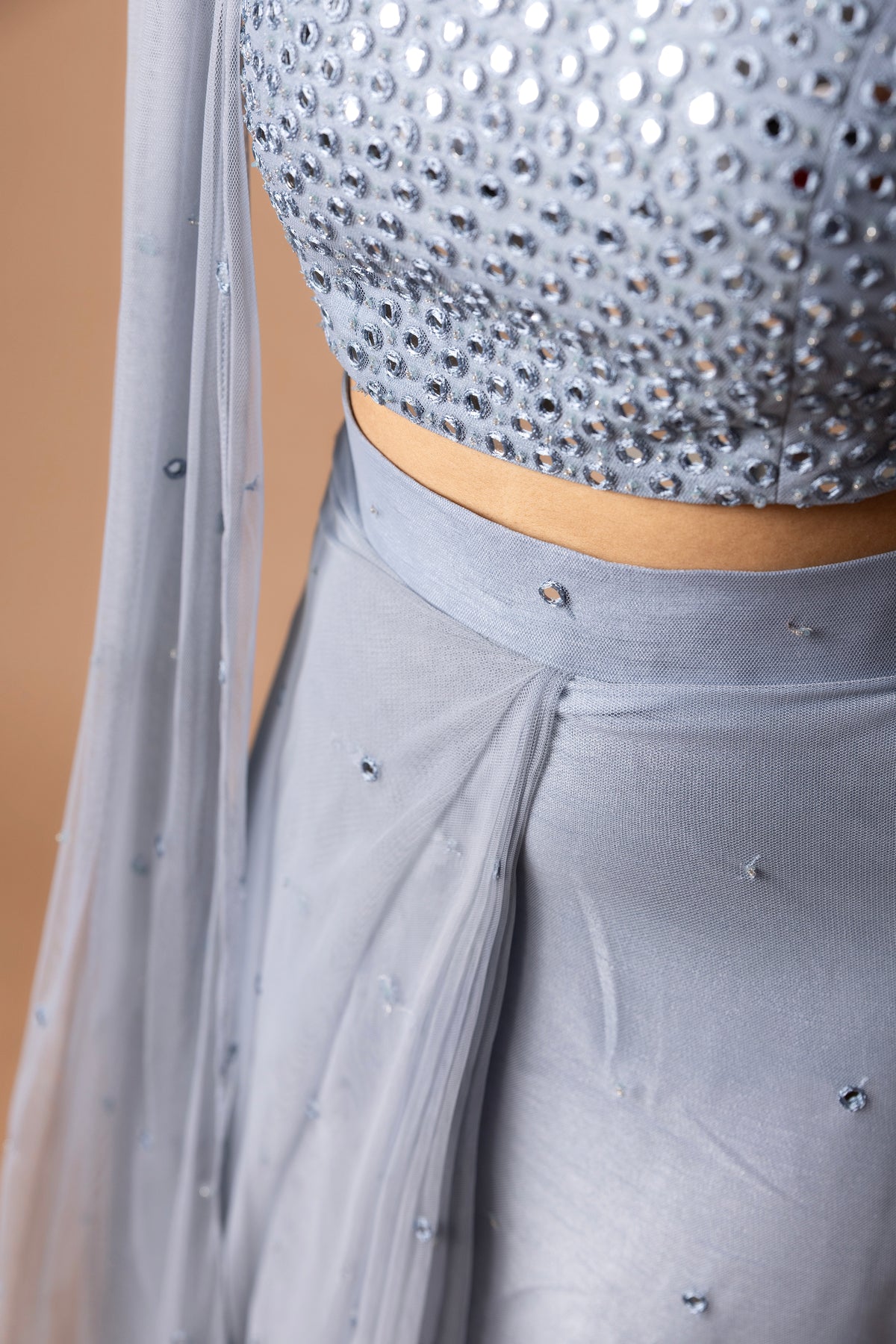 Pre-Draped Net Saree With Mirror & Pearl Work Blouse