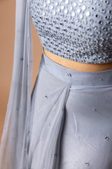 Pre-Draped Net Saree With Mirror & Pearl Work Blouse