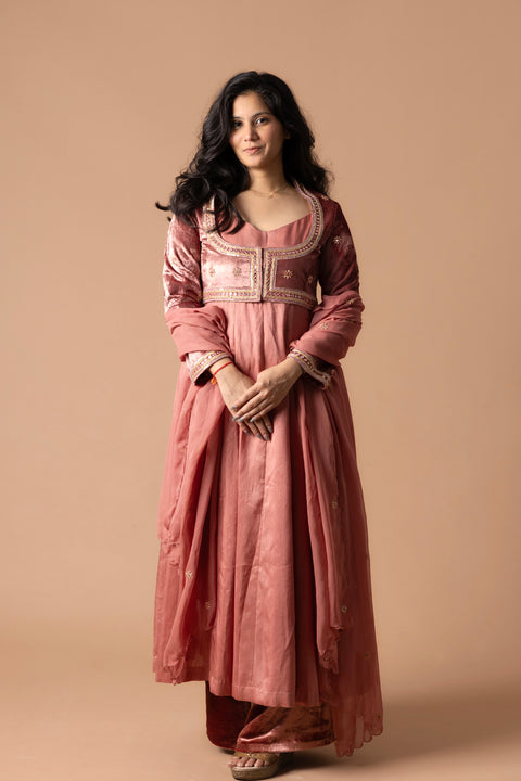 Raw Silk Anarkali Paire With Mirror Worked Velvet Jacket And Raw Silk Pant. Comes With A Gorgette Dupatta