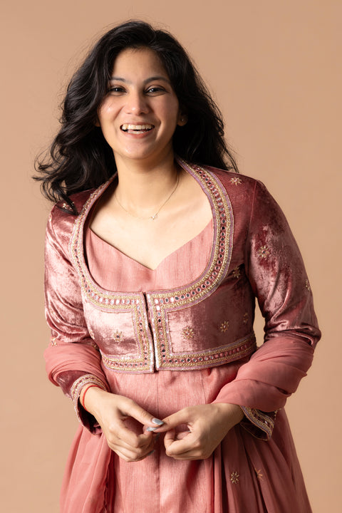 Raw Silk Anarkali Paire With Mirror Worked Velvet Jacket And Raw Silk Pant. Comes With A Gorgette Dupatta