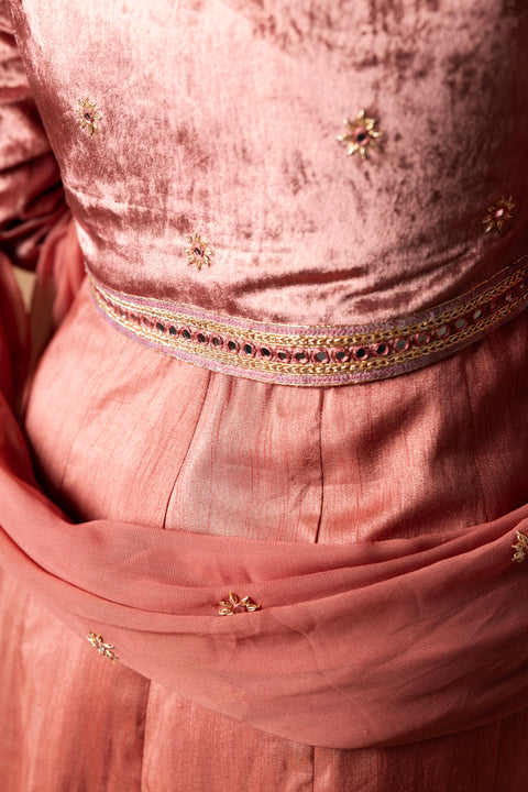 Raw Silk Anarkali Paire With Mirror Worked Velvet Jacket And Raw Silk Pant. Comes With A Gorgette Dupatta