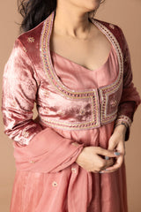 Raw Silk Anarkali Set With Mirror Work Velvet Jacket & Dupatta
