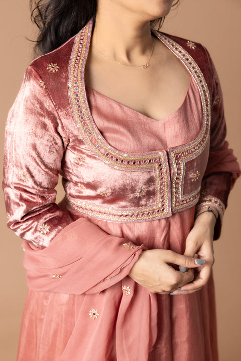 Raw Silk Anarkali Paire With Mirror Worked Velvet Jacket And Raw Silk Pant. Comes With A Gorgette Dupatta