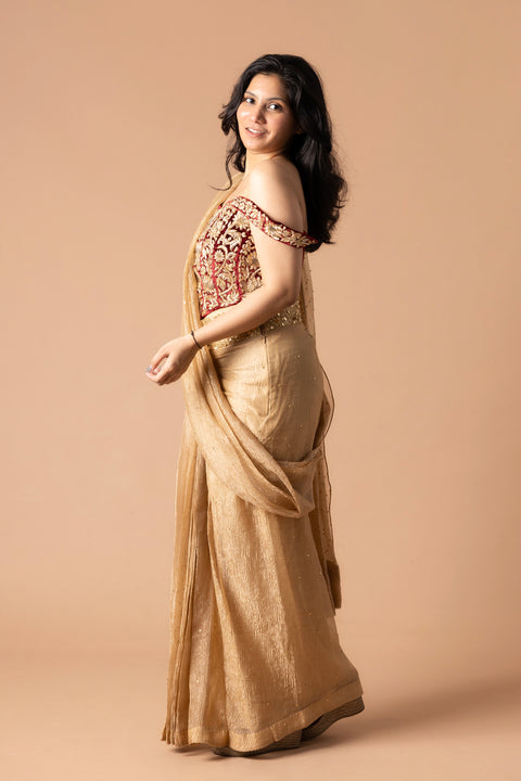 Raw Silk Lehenga And Blouse Paired With Tissue Dupatta