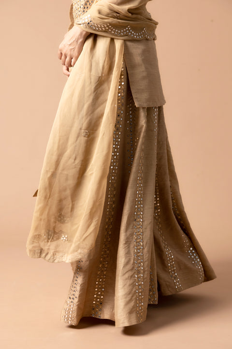 Corset Styled Tube Kurta Paired With Golden Falling Raw Silk Gharara Paired With Gorgette Dupatta