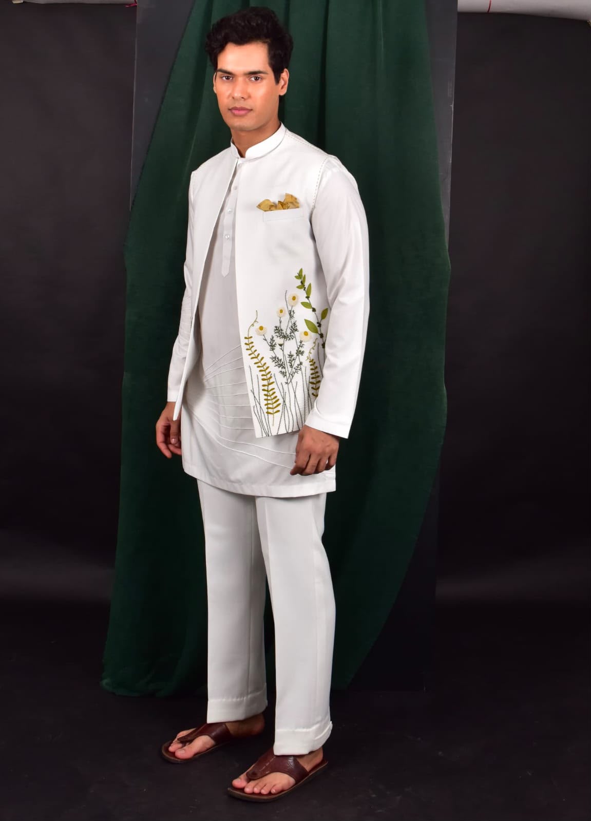 White Floral Embroidered Shrug Set
