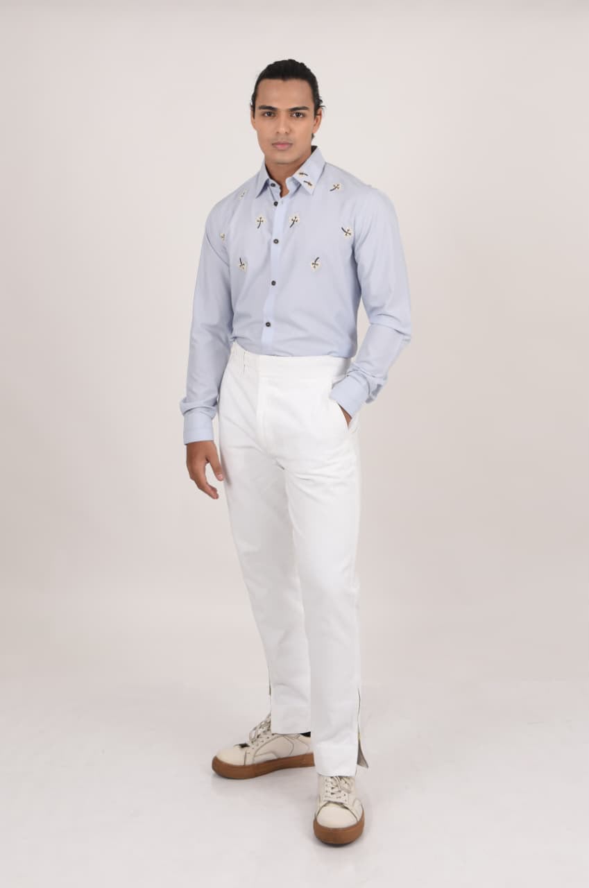 Blue Shirt with Maple Leaf Embroidery