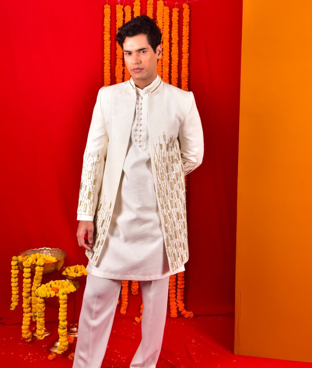 Off White Jacquard Leather Cut Work Shrug Set