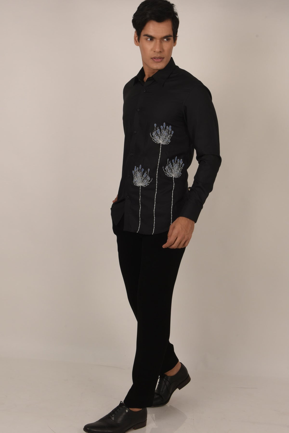 Black Shirt with Floral Embroidery