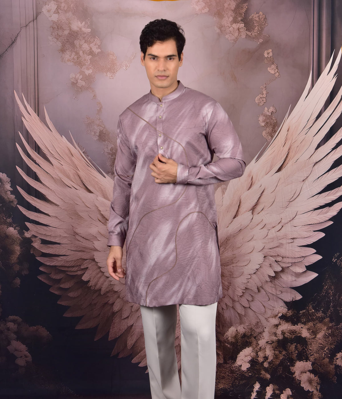 Brown Embossed Kurta with Running Stitch