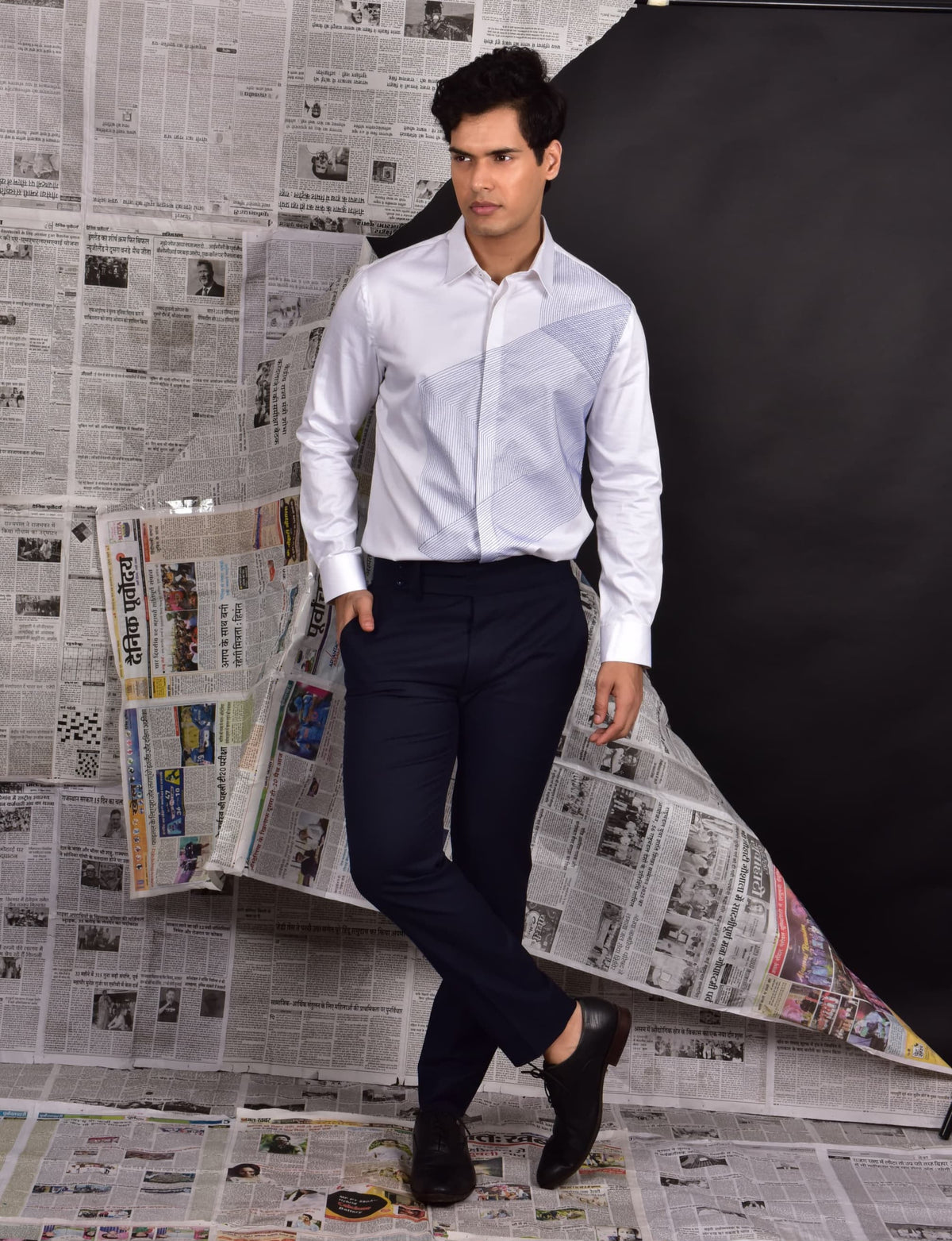 White Shirt with Blue Stitch Detail
