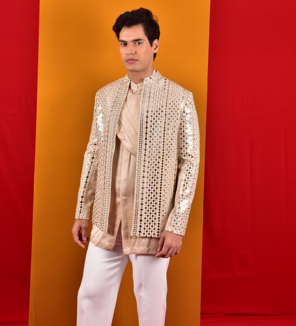 Mirror Work Jacket with Satin Kurta Set