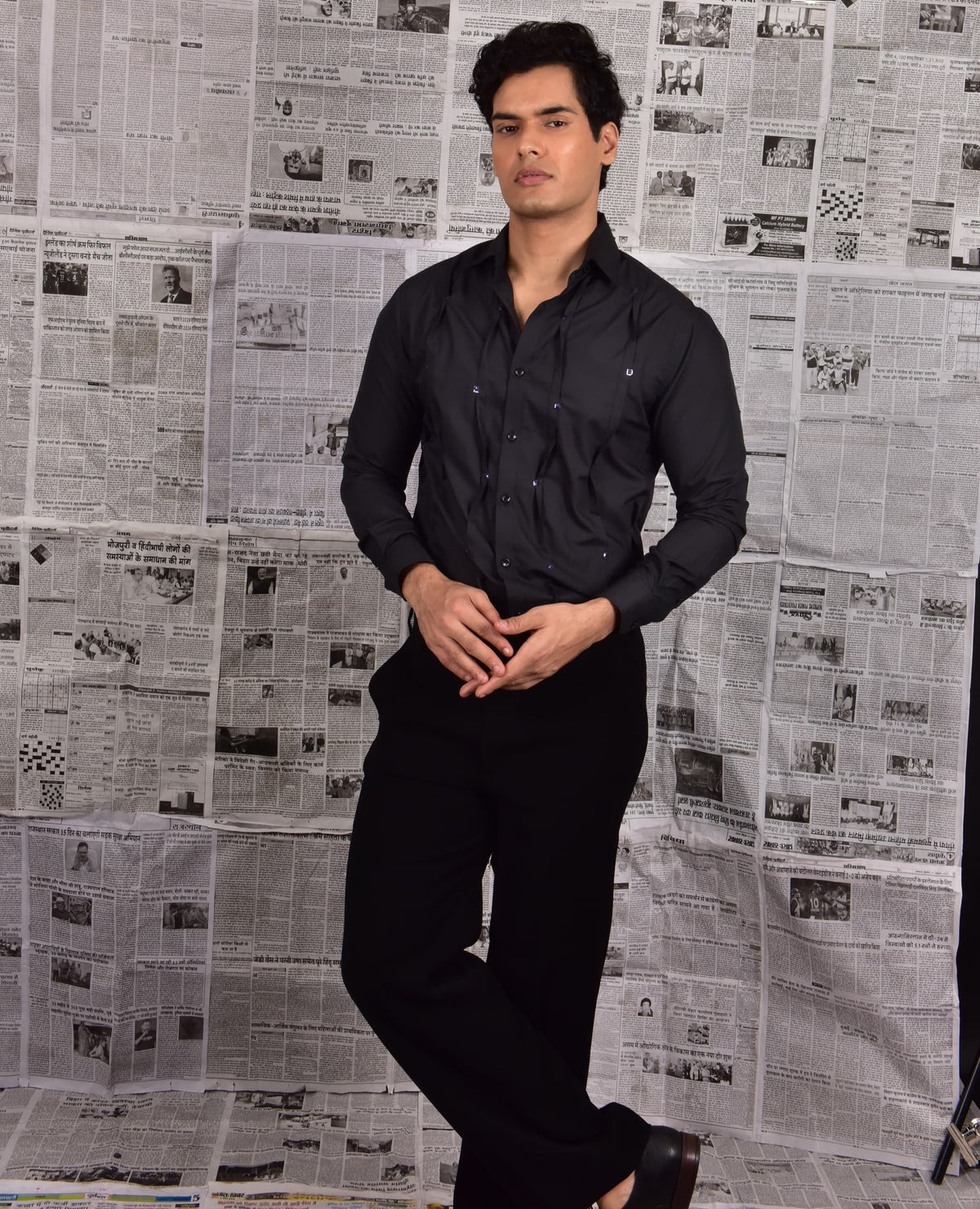 Black Pleated Shirt with Purple Sequin
