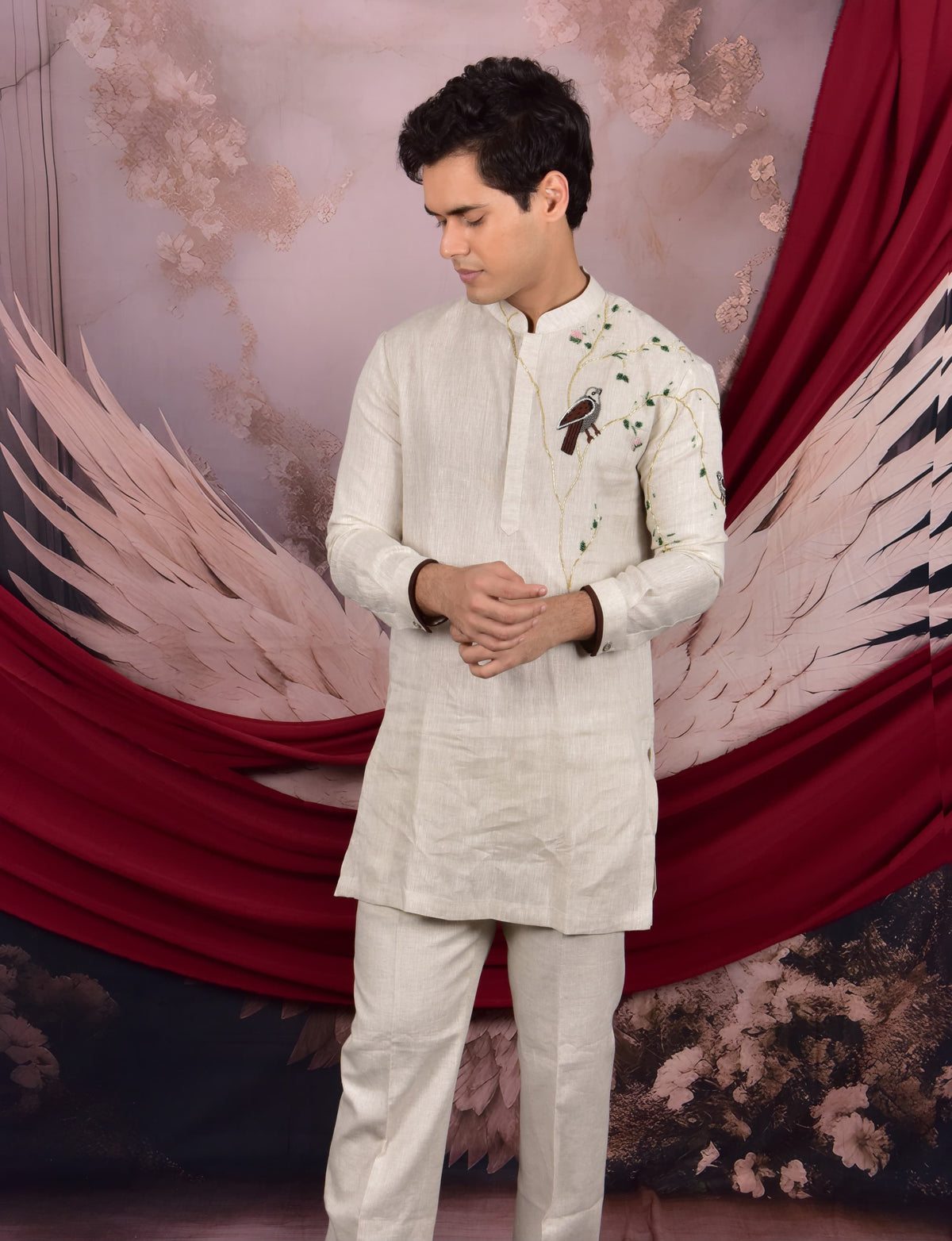 Beige Linen Kurta with Bird Embroidery