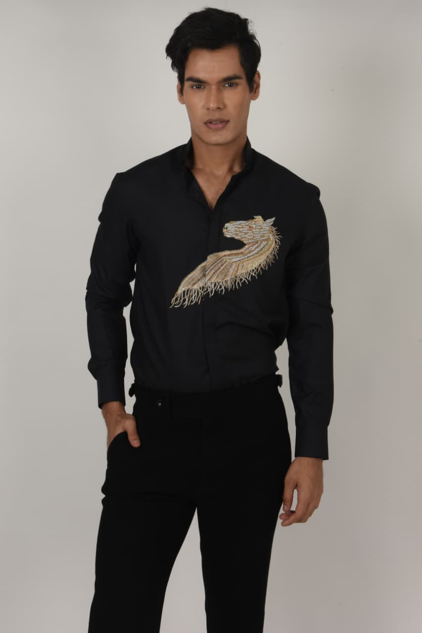 Black Shirt with Zari Horse Embroidery