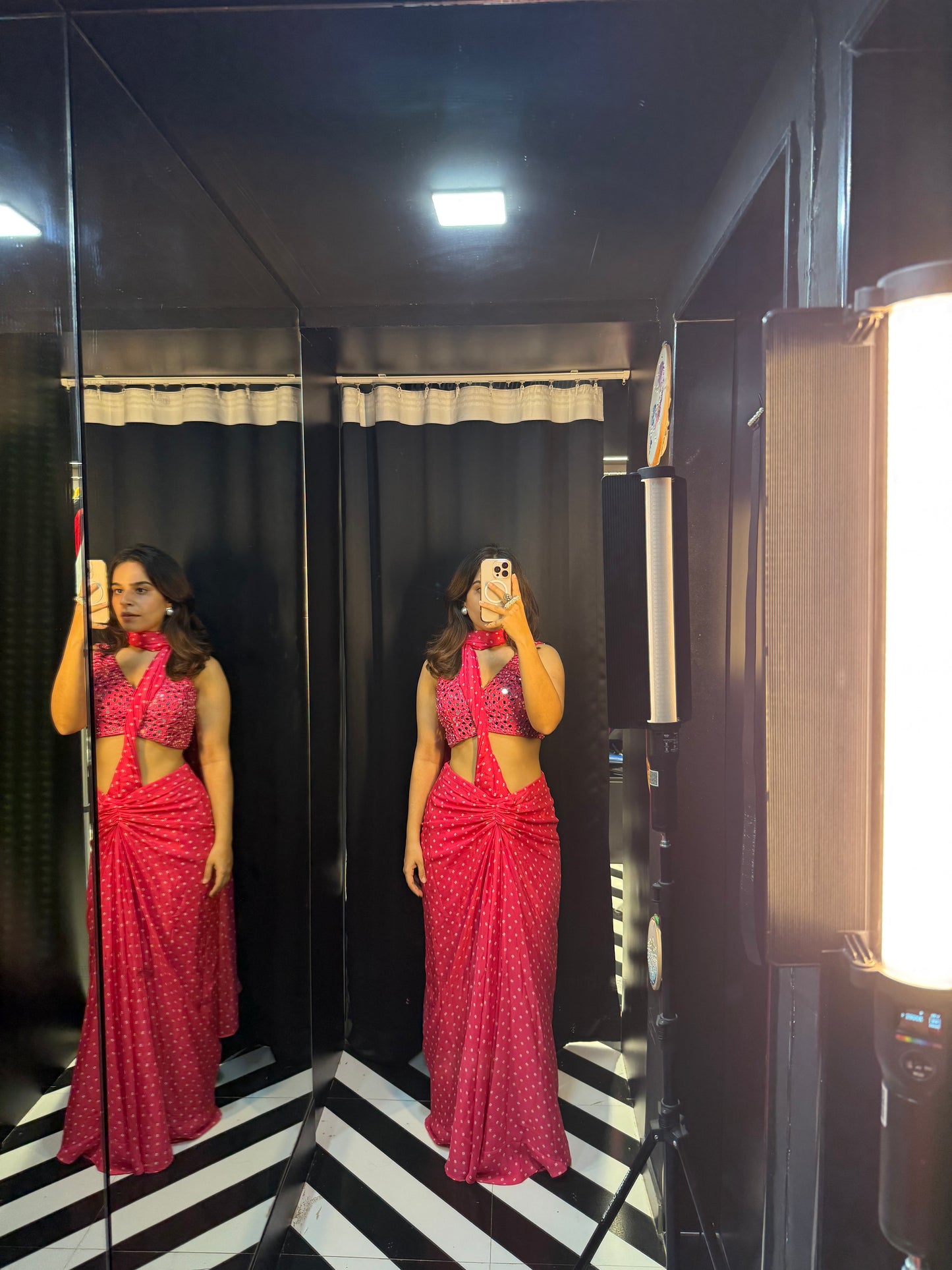Pink Bandhani Saree With Mirrorwork Blouse