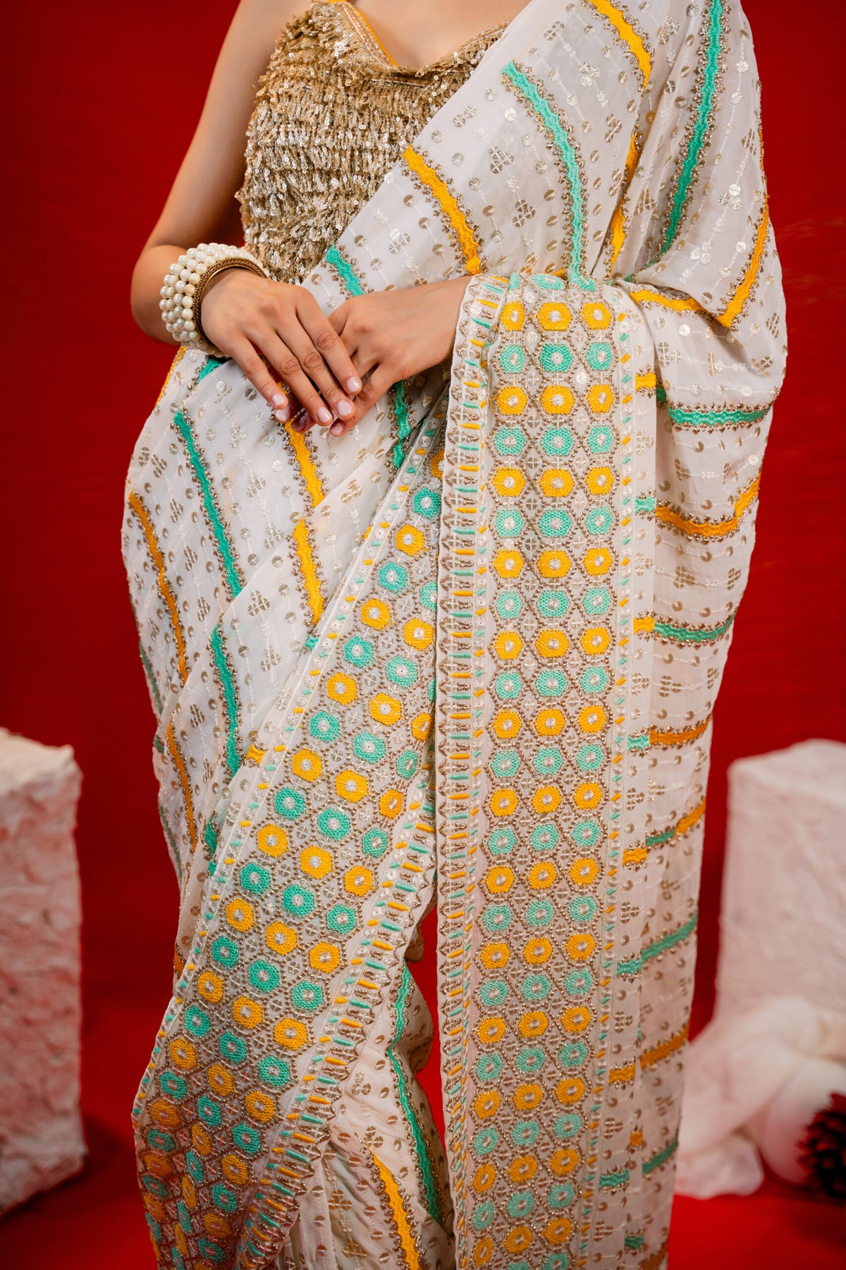 Yellow Georgette Embroidered Saree