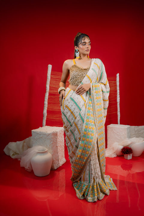 Yellow Georgette Embroidered Saree