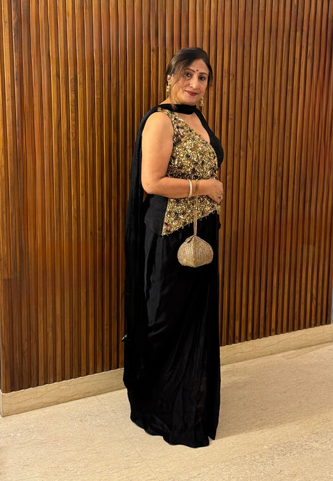 Black Hand Embroidered Corset Top With Skirt And Dupatta