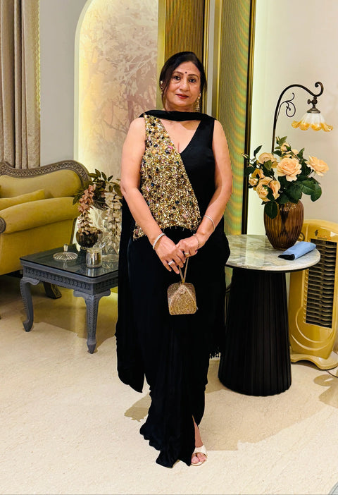 Black Hand Embroidered Corset Top With Skirt And Dupatta