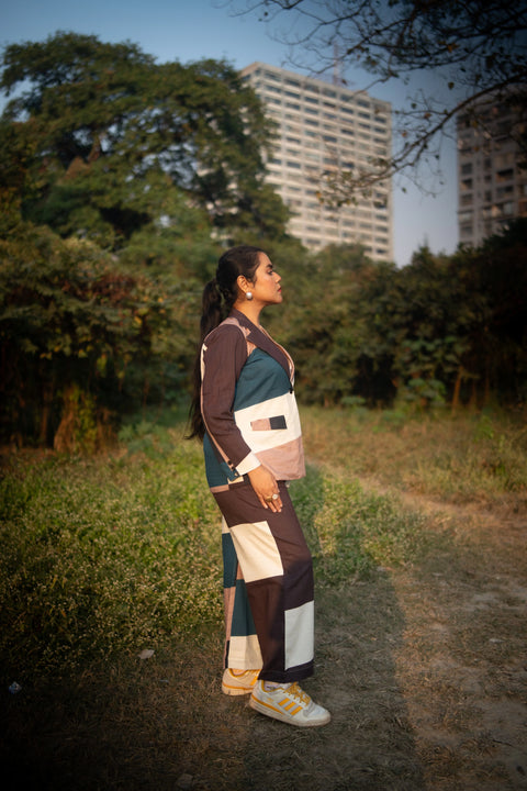 Peacock And Offwhite Geometric Printed Jacket And Trouser