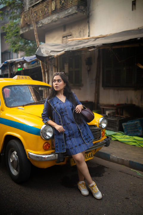 Blue Black Geometric Printed Jacket And Sleeveless Dress