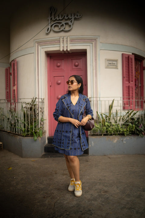 Blue Black Geometric Printed Jacket And Sleeveless Dress