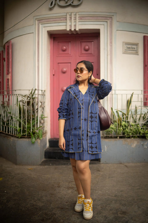 Blue Black Geometric Printed Jacket And Sleeveless Dress