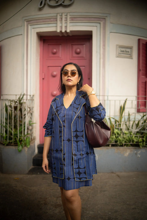 Blue Black Geometric Printed Jacket And Sleeveless Dress