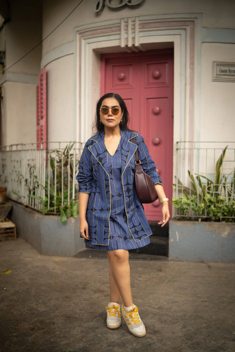 Blue Black Geometric Printed Jacket And Sleeveless Dress