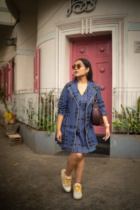 Blue Black Geometric Printed Jacket And Sleeveless Dress