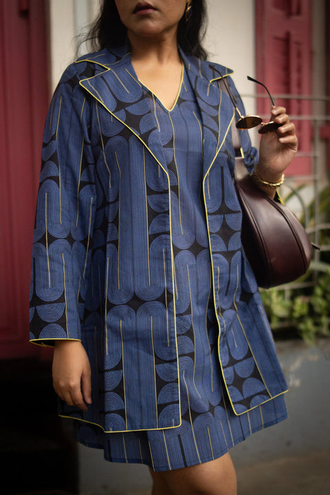 Blue Black Geometric Printed Jacket And Sleeveless Dress