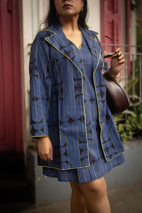 Blue Black Geometric Printed Jacket And Sleeveless Dress