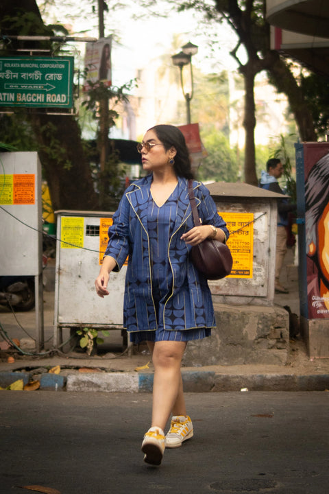 Blue Black Geometric Printed Jacket And Sleeveless Dress