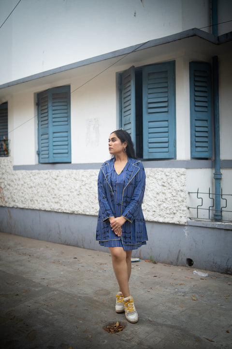 Blue Black Geometric Printed Jacket And Sleeveless Dress
