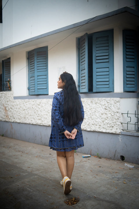 Blue Black Geometric Printed Jacket And Sleeveless Dress