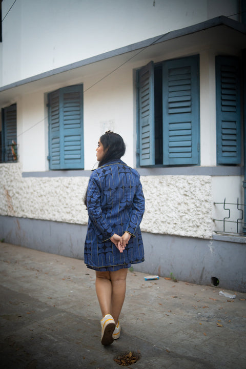 Blue Black Geometric Printed Jacket And Sleeveless Dress