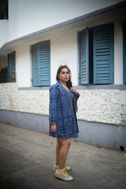 Blue Black Geometric Printed Jacket And Sleeveless Dress