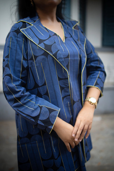 Blue Black Geometric Printed Jacket And Sleeveless Dress