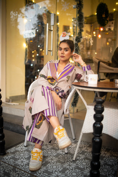 Grey Floral Printed Long Jacket And Purple Stripes Pant