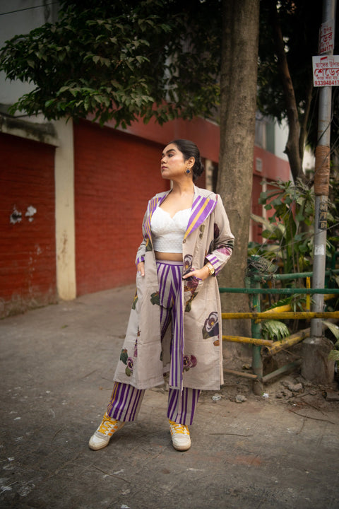Grey Floral Printed Long Jacket And Purple Stripes Pant