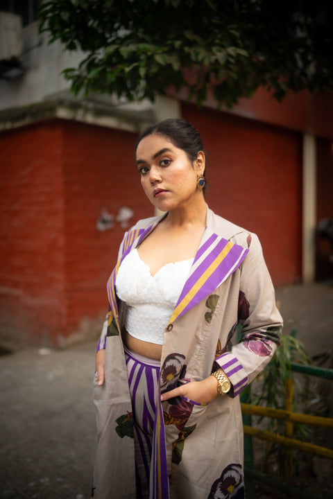 Grey Floral Printed Long Jacket And Purple Stripes Pant
