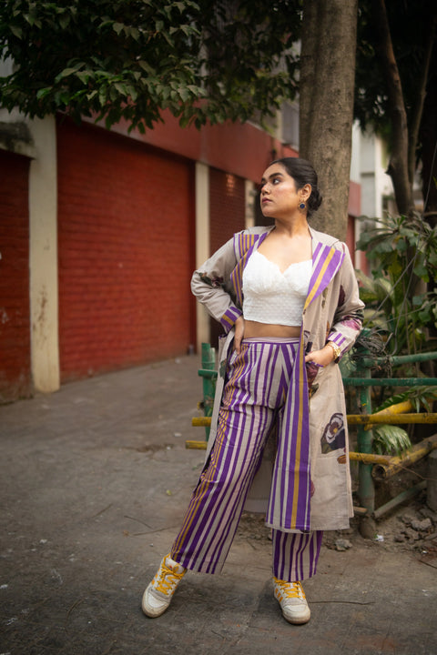 Grey Floral Printed Long Jacket And Purple Stripes Pant