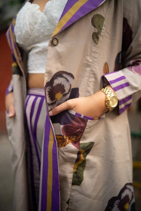 Grey Floral Printed Long Jacket And Purple Stripes Pant