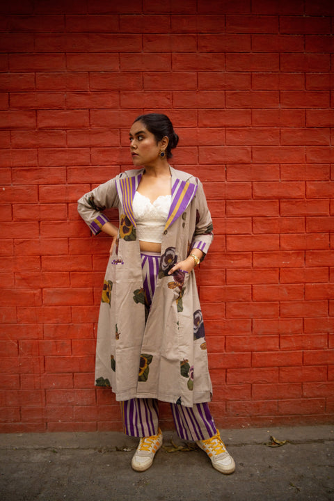 Grey Floral Printed Long Jacket And Purple Stripes Pant