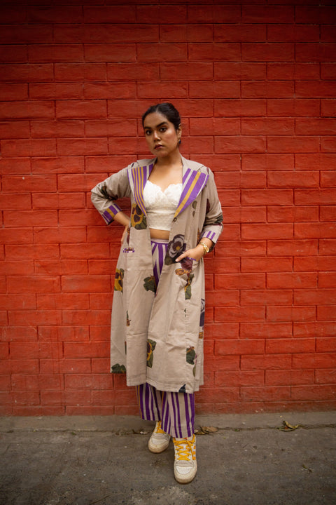 Grey Floral Printed Long Jacket And Purple Stripes Pant