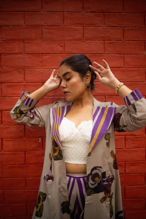 Grey Floral Printed Long Jacket And Purple Stripes Pant