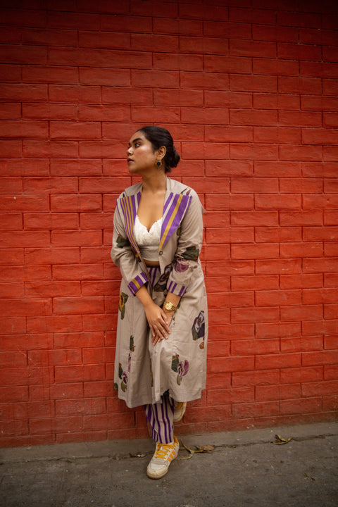 Grey Floral Printed Long Jacket And Purple Stripes Pant