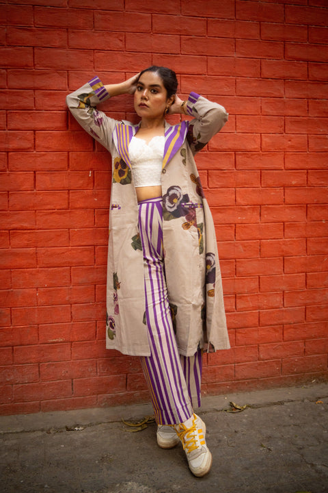 Grey Floral Printed Long Jacket And Purple Stripes Pant